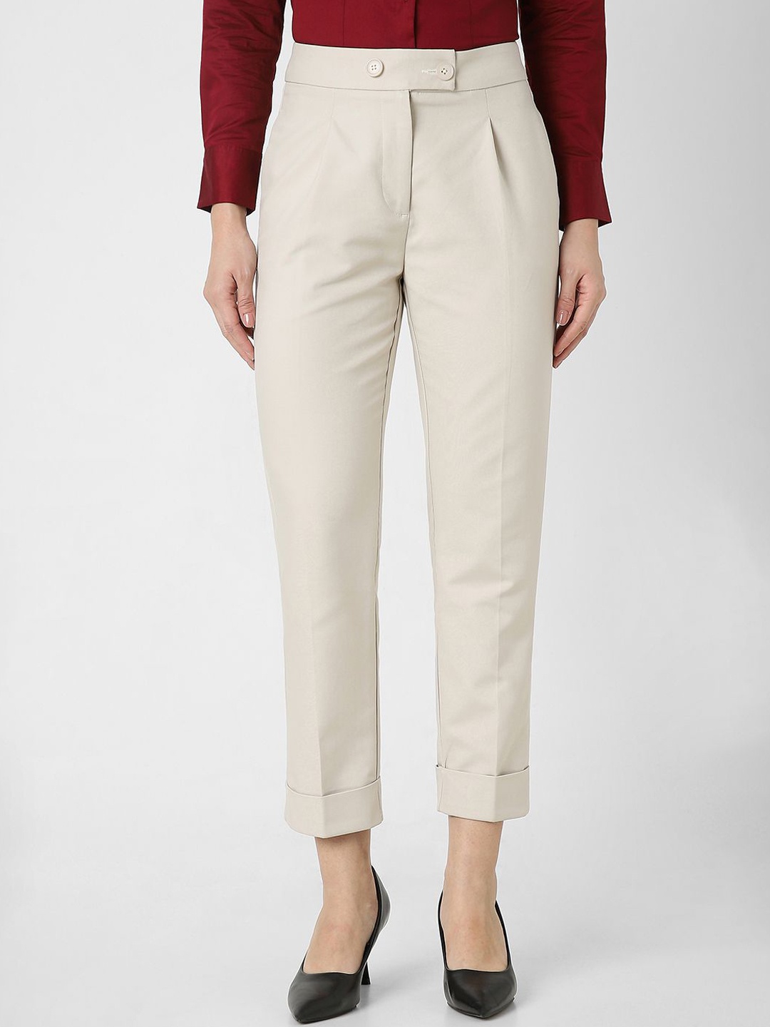 

Van Heusen Woman Women Cropped High Rise Slim Fit Trousers, Cream