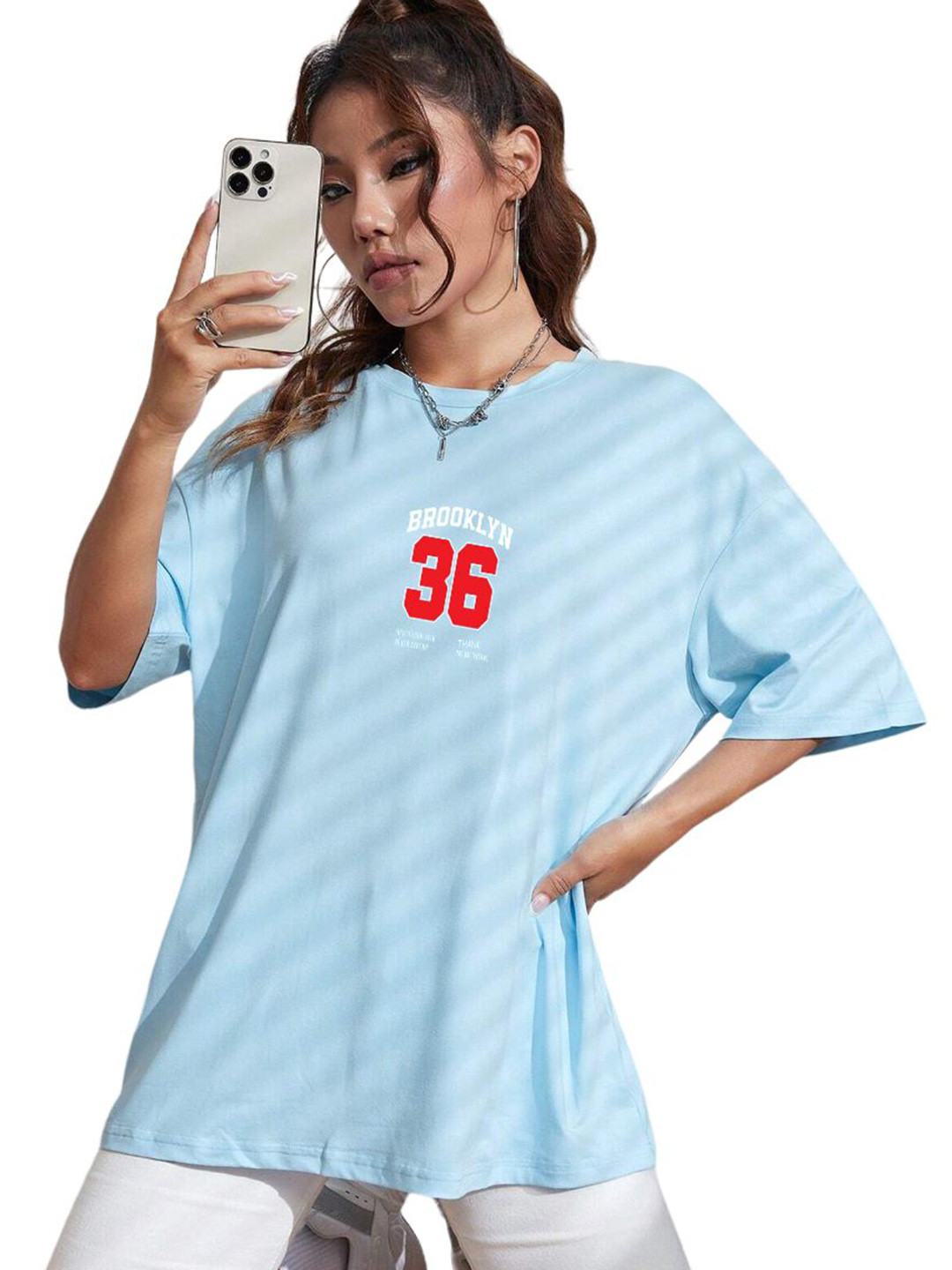 

TABADTOD Women Henley Neck Drop-Shoulder Sleeves Applique T-shirt, Blue