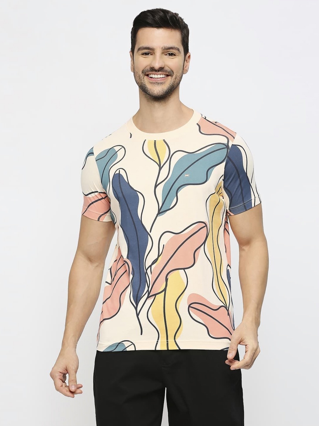 

Basics Men Graphic Printed Round Neck Cotton Slim Fit T-shirt, Peach