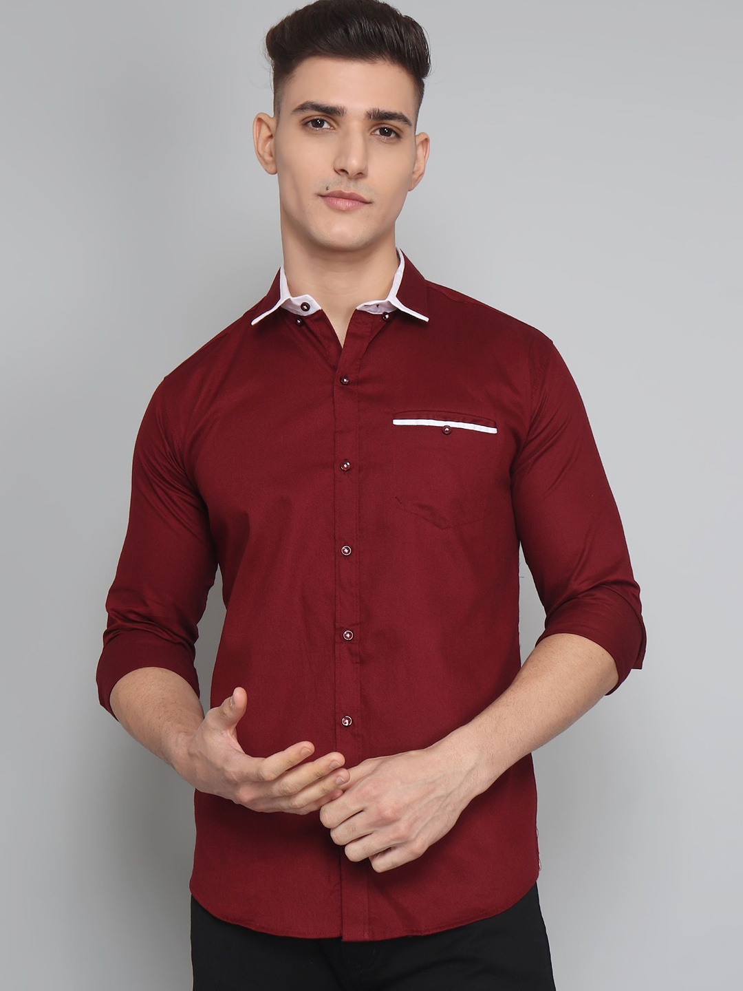 

TRYBUY.IN Men Spread Collar Solid Cotton Semiformal Shirt, Maroon