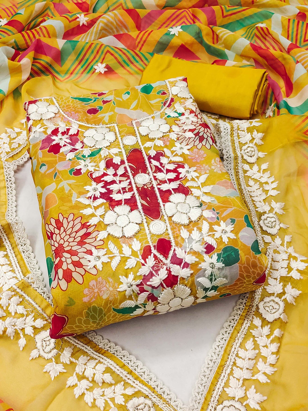 

KALINI Floral Embroidered Organza Unstitched Dress Material, Yellow