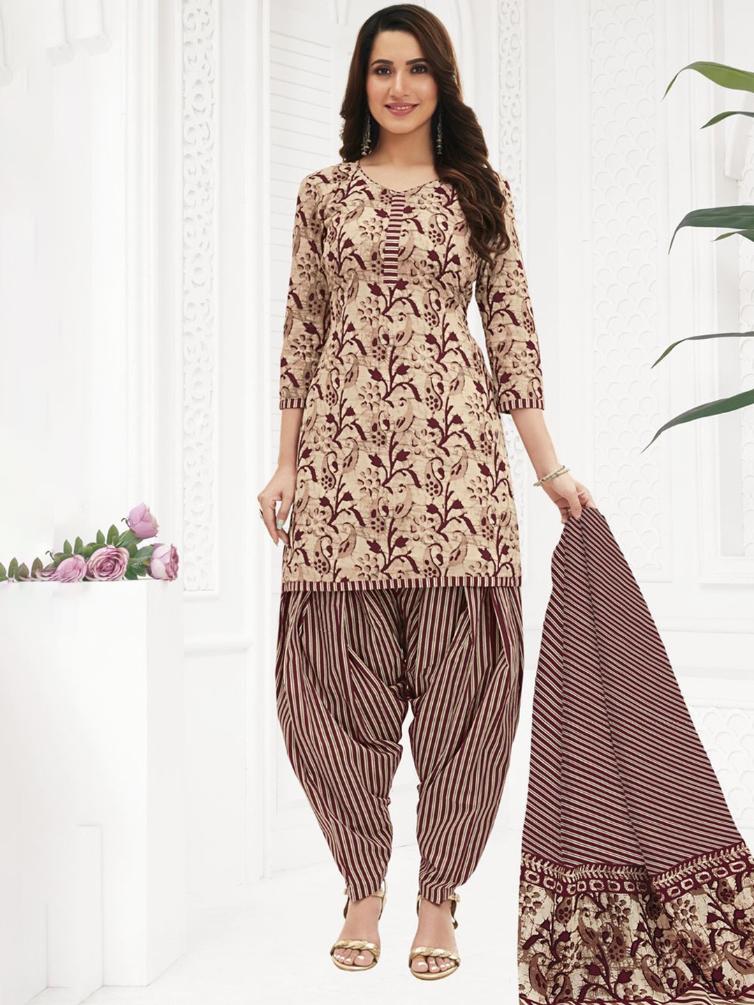 

MIRAAN Paisley Printed Pure Cotton Unstitched Dress Material, Beige