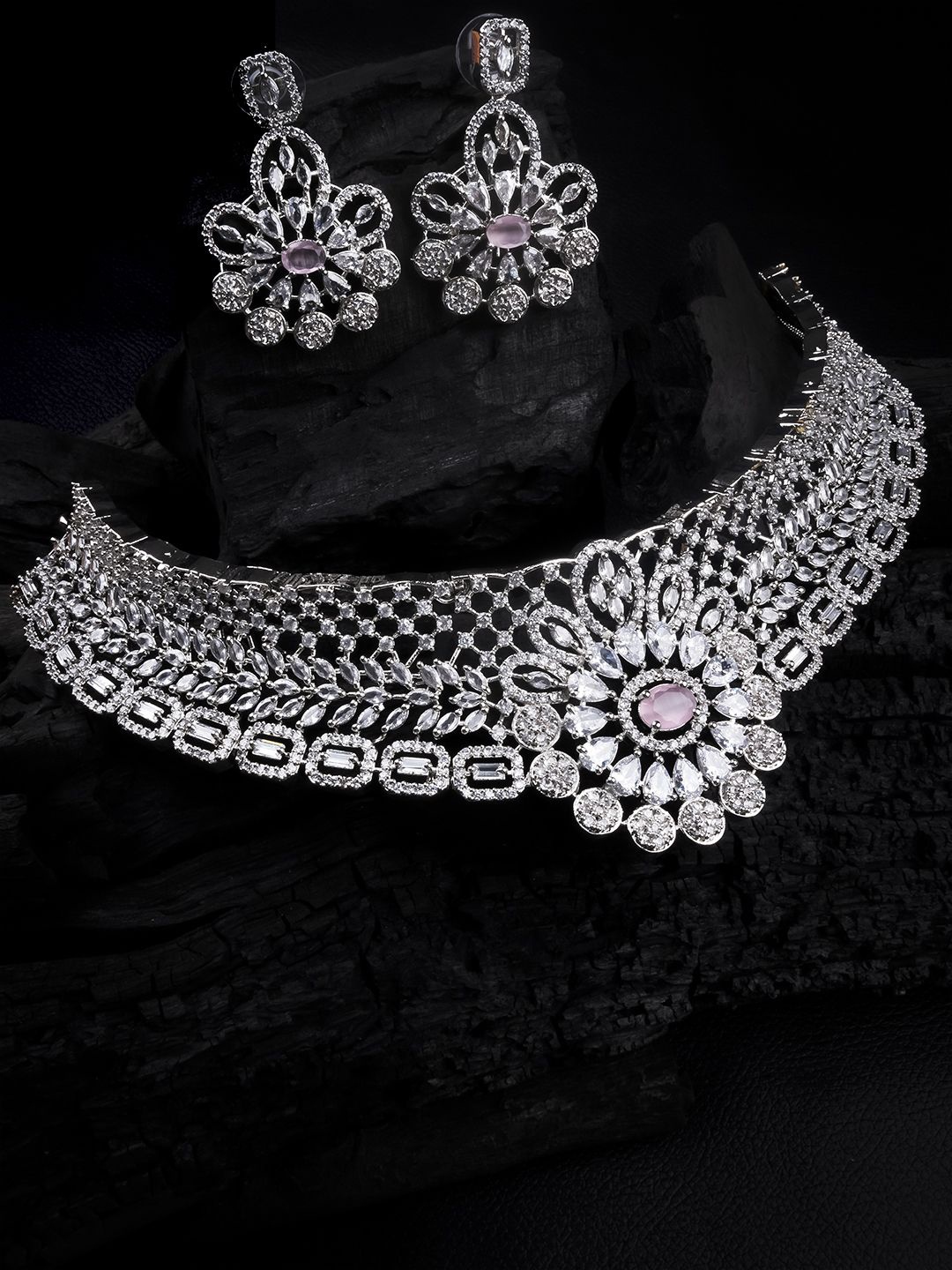 

StileAdda Silver Plated American Diamond Stone Studded Jewellery Set