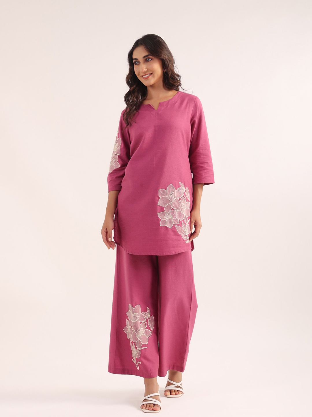 

JISORA Floral Embroidered Pure Cotton Top With Palazzos, Pink