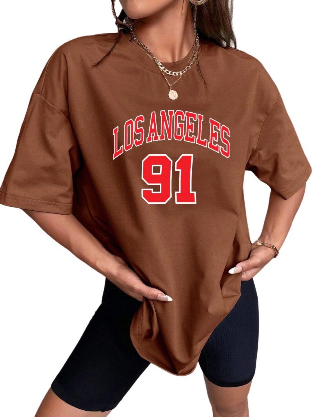 

TABADTOD Women Typography Printed Oversized T-shirt, Brown