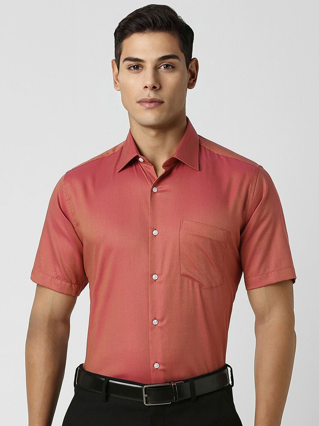 

Van Heusen Men Spread Collar Micro Ditsy Printed Cotton Party Shirt, Red