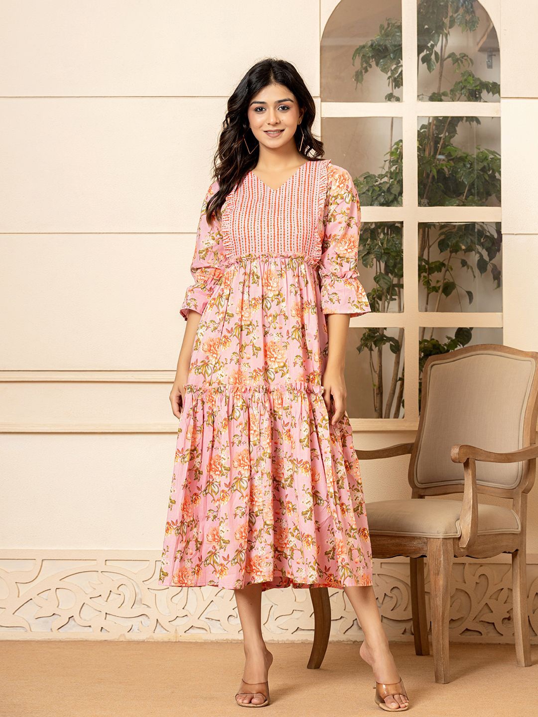 

Yufta Floral Printed Bell Sleeve Tiered Cotton A-Line Midi Dress, Pink