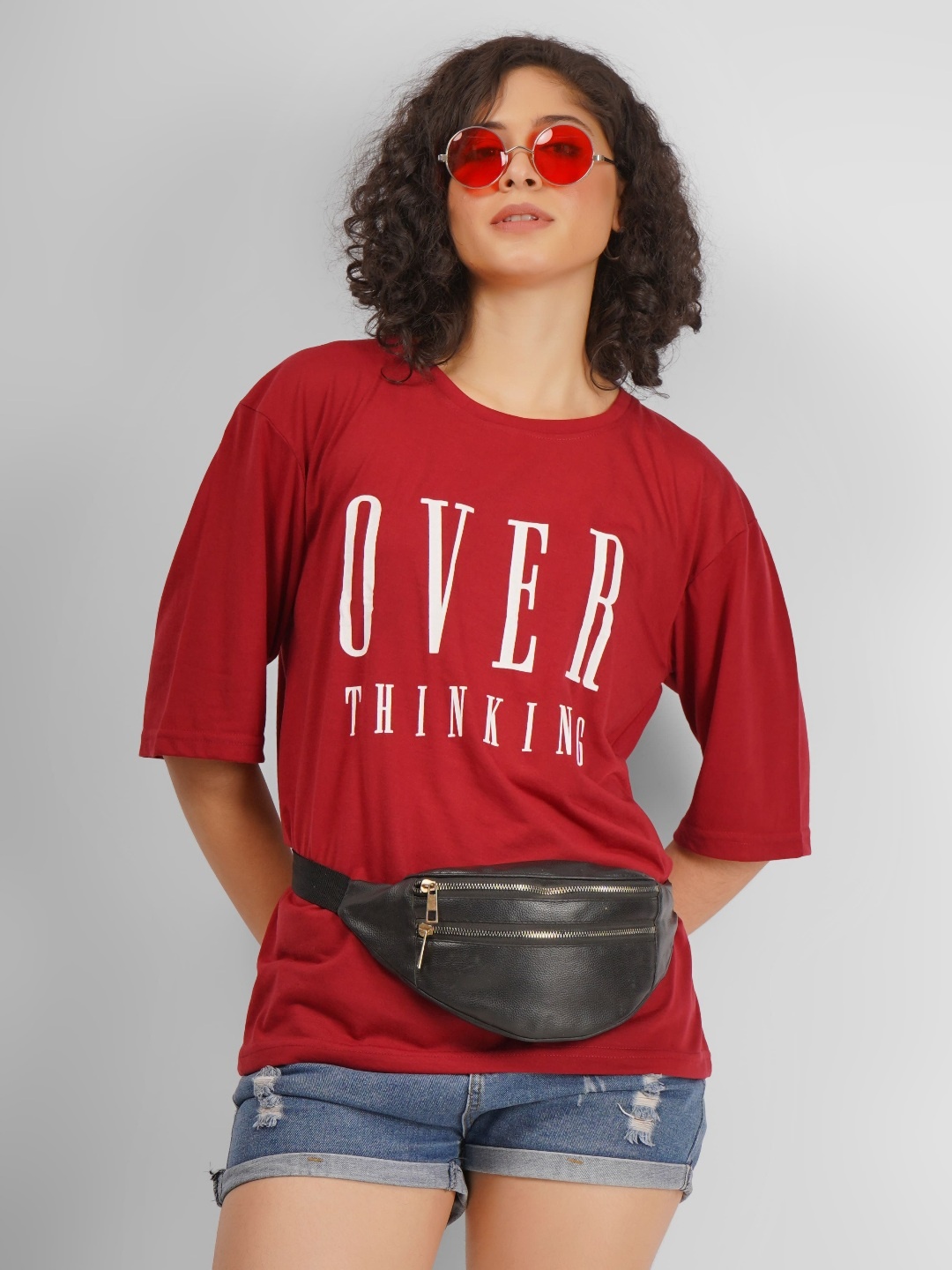 

MIMID Women Typography Printed Hooded Raw Edge T-shirt, Red