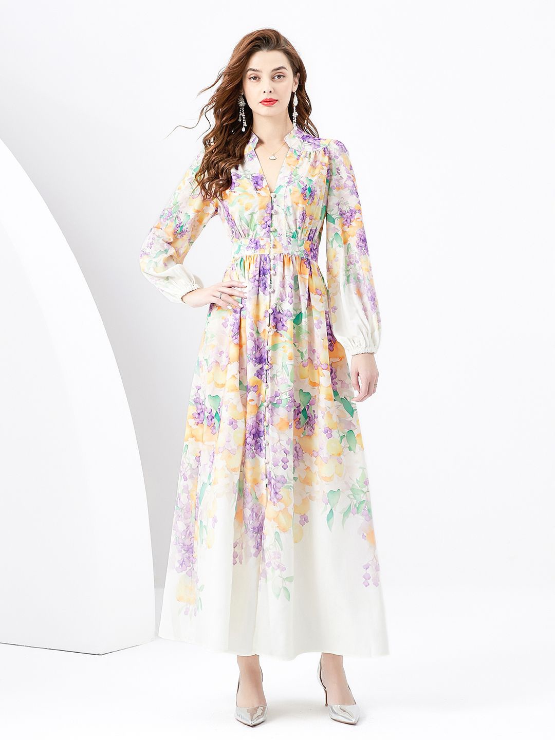 

JC Collection Floral Printed Mandarin Collar Puff Sleeves Fit and Flare Maxi Dress, Purple