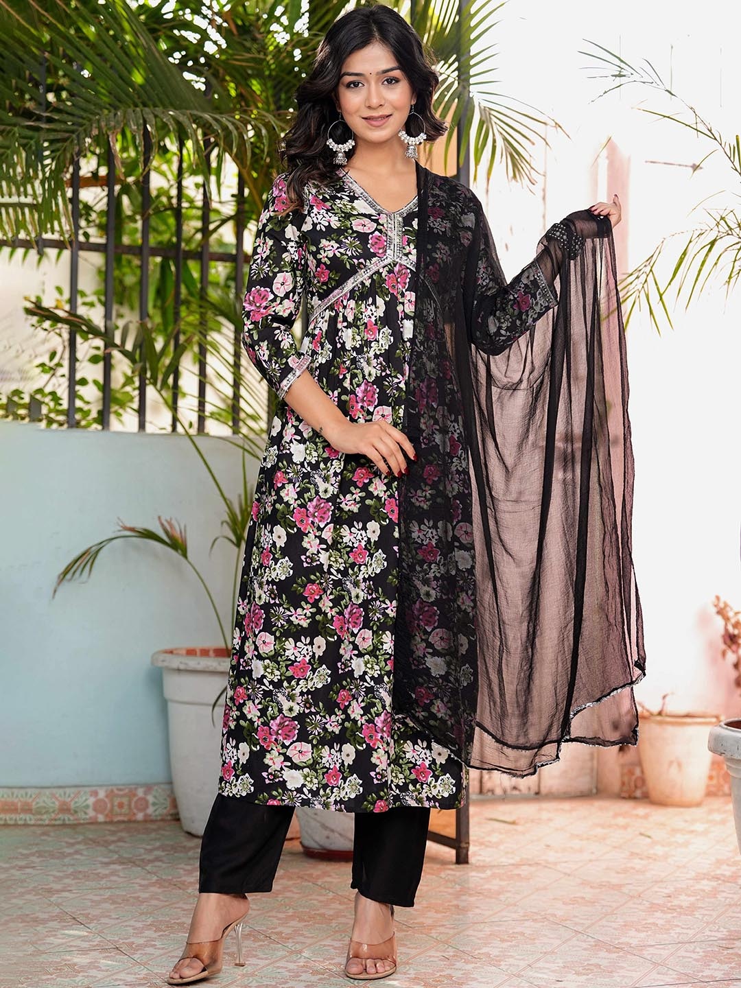 

Chandbaali Floral Printed Empire Sequinned A-Line Kurta With Trousers & Dupatta, Black