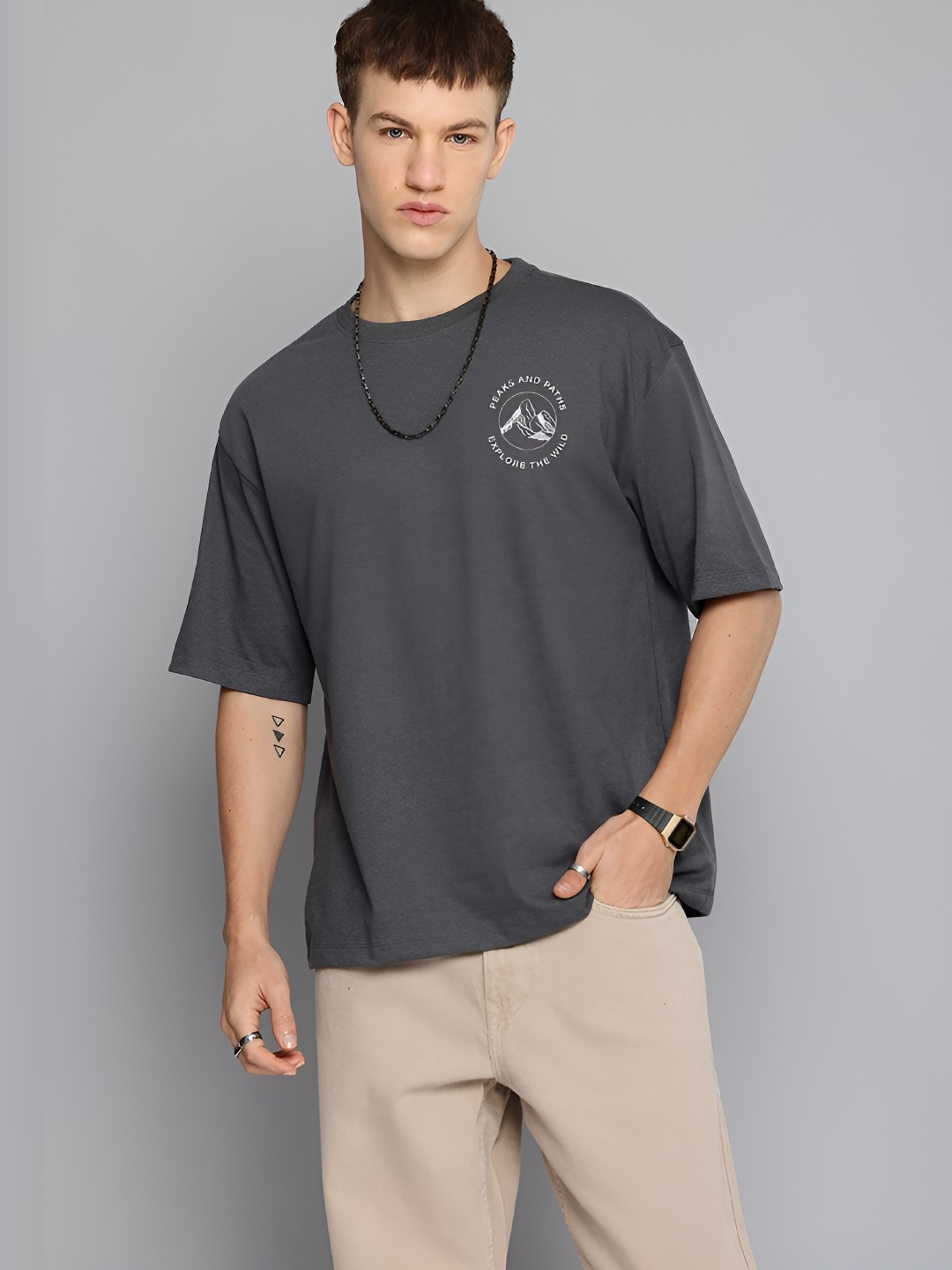 

R.Code by The Roadster Life Co. Men Solid Round Neck Cotton Oversized T-shirt, Steel