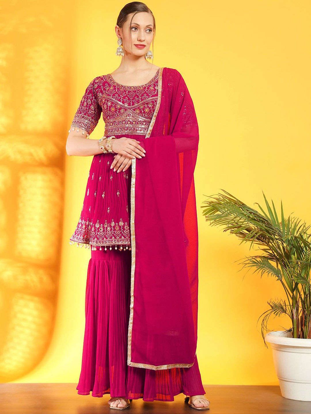 

Chhabra 555 Ethnic Motifs Embroidered Zari A-Line Empire Kurta With Sharara & Dupatta, Magenta