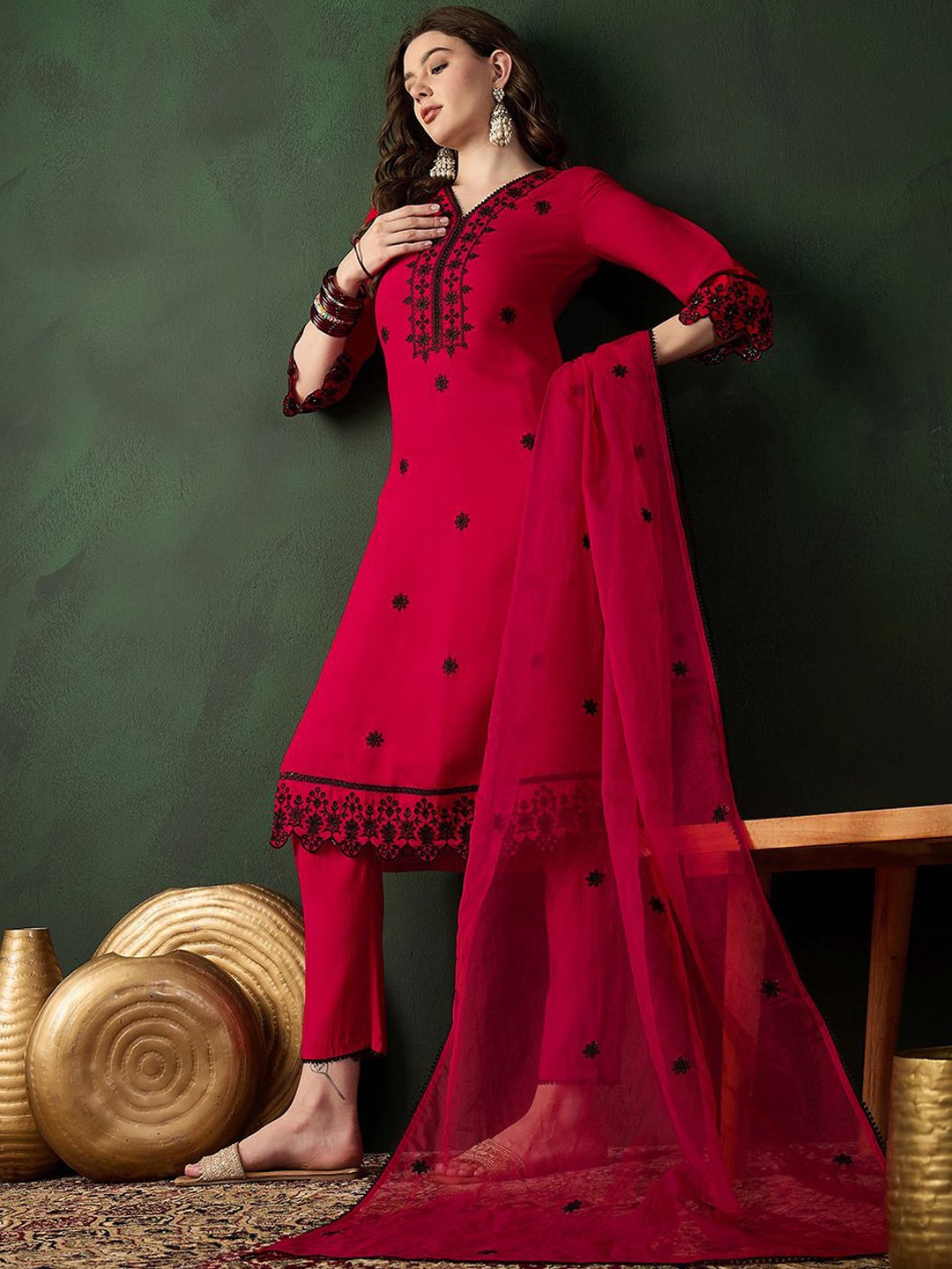 

Sangria Embroidered Thread Work V Neck Straight Kurta & Trouser With Dupatta, Red