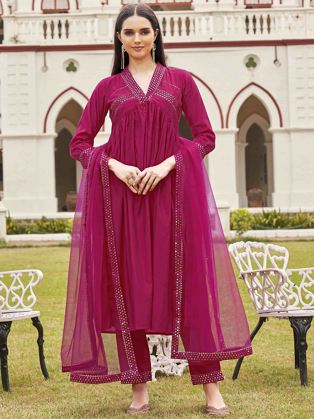 

Tikhi Imli Geometric Yoke Design Empire Mirror Work A-Line Kurta with Trousers & Dupatta, Pink