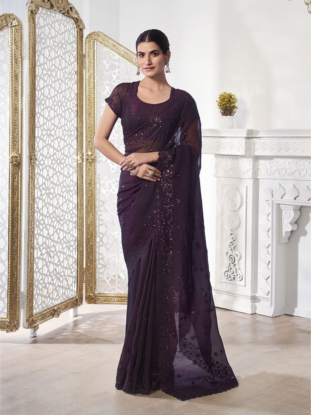 

Inddus Poly Georgette Floral Embroidered Sequinned Festive Saree, Purple