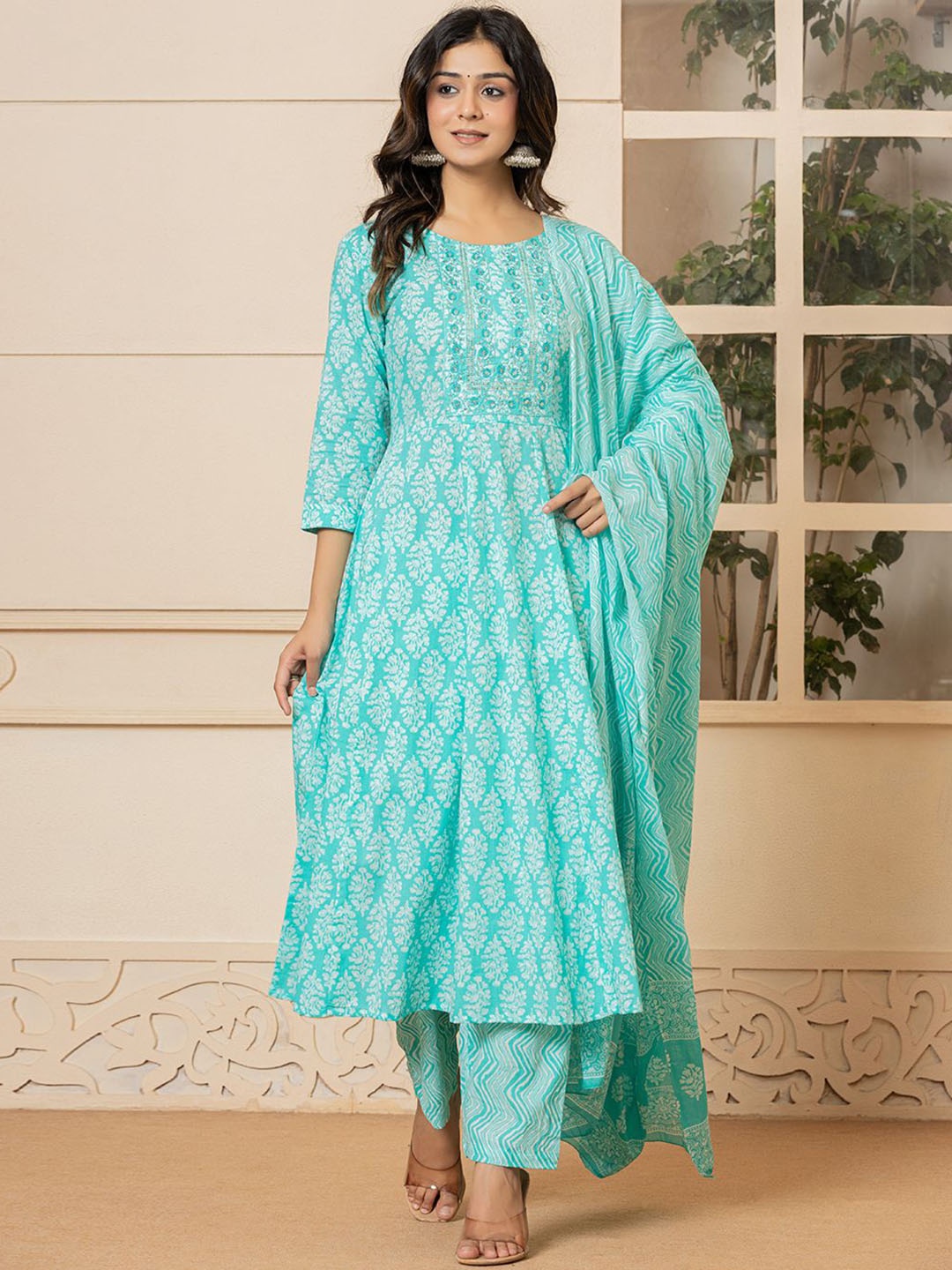 

Yufta Ethnic Motifs Printed Panelled Sequinned Pure Cotton Kurta With Trousers & Dupatta, Turquoise blue