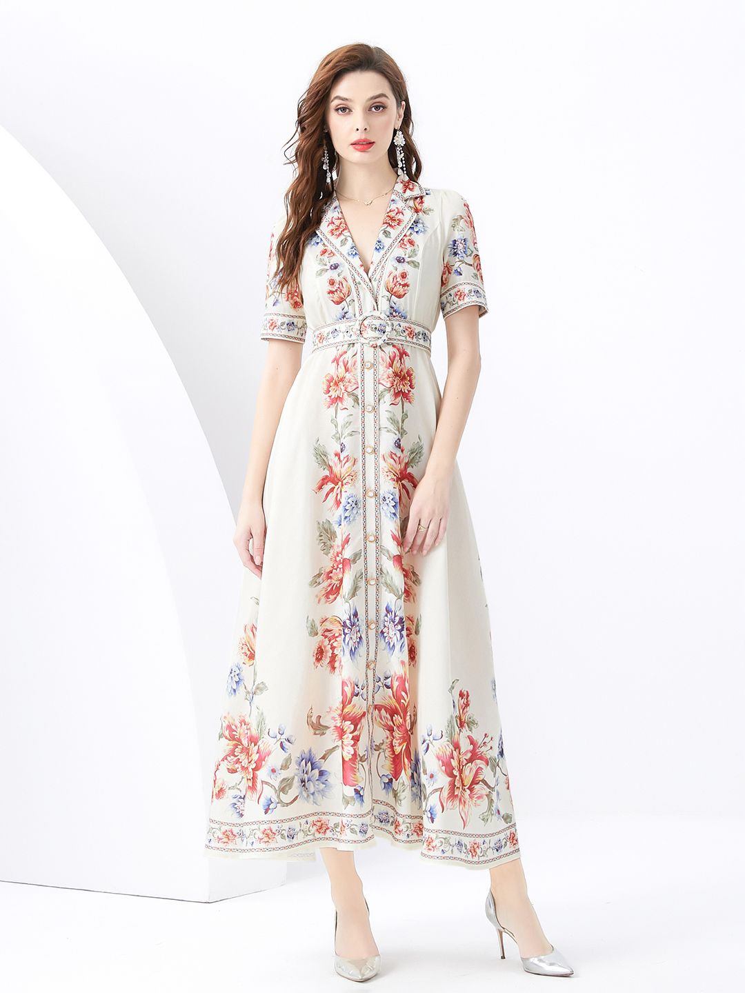 

JC Collection Floral Printed Shirt Collar Fit and Flare Maxi Dress, Off white