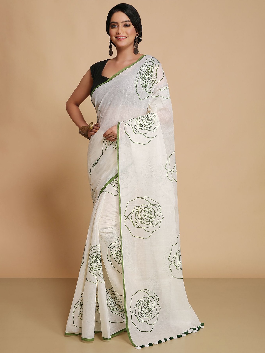 

WoodenTant Floral Pure Cotton Saree, White