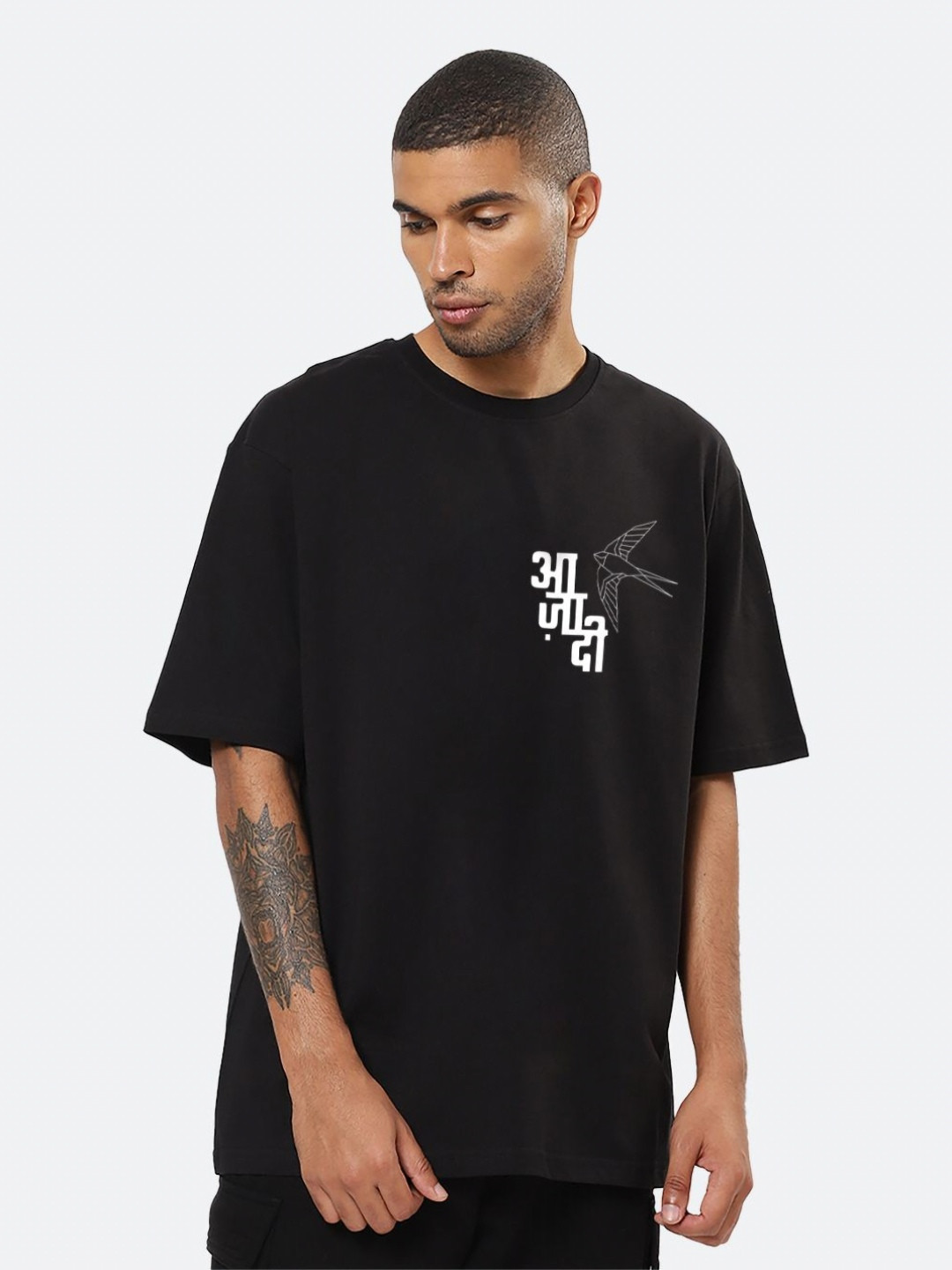 

Mad Over Print Men Typography Printed Round Neck Cotton Oversized T-shirt, Black