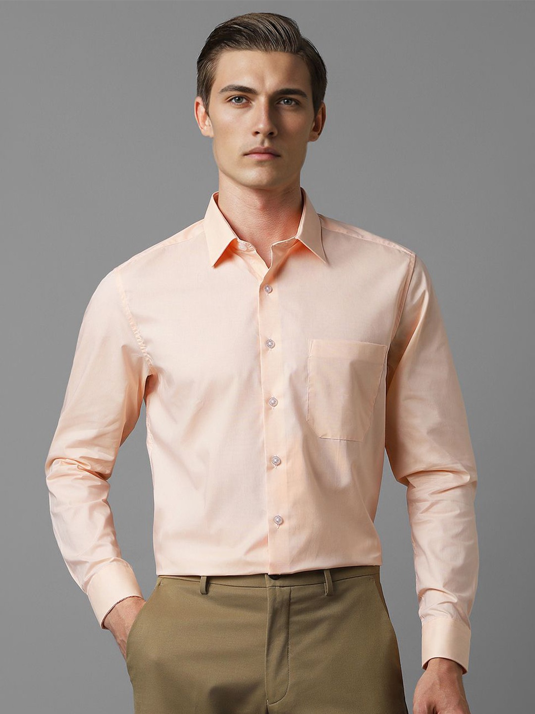 

Louis Philippe Men Spread Collar Solid Cotton Slim Fit Formal Shirt, Peach
