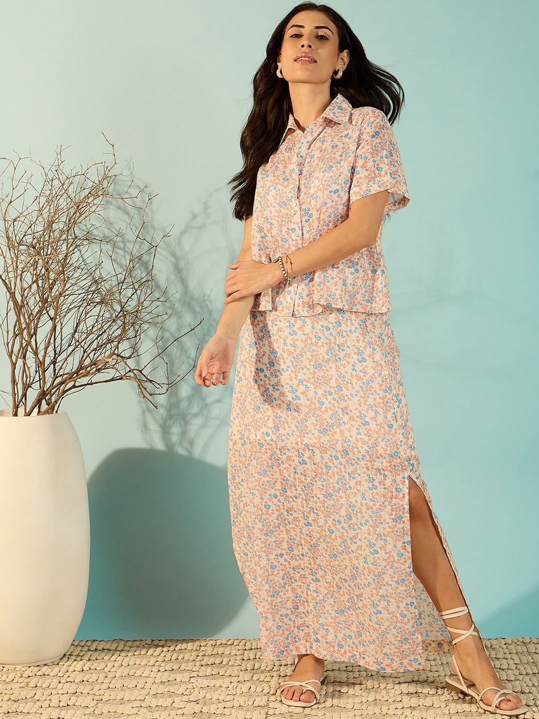 

The Kaftan Company Printed Pure Cotton Short Sleeve Top & Skirt Co-Ords, White