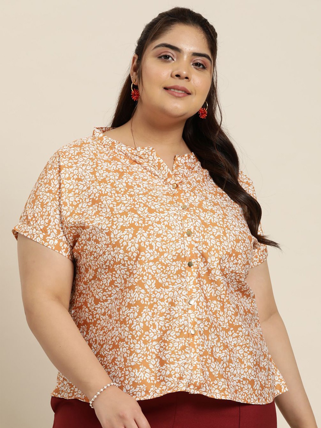 

Sztori Floral Print Mandarin Collar Top, Mustard