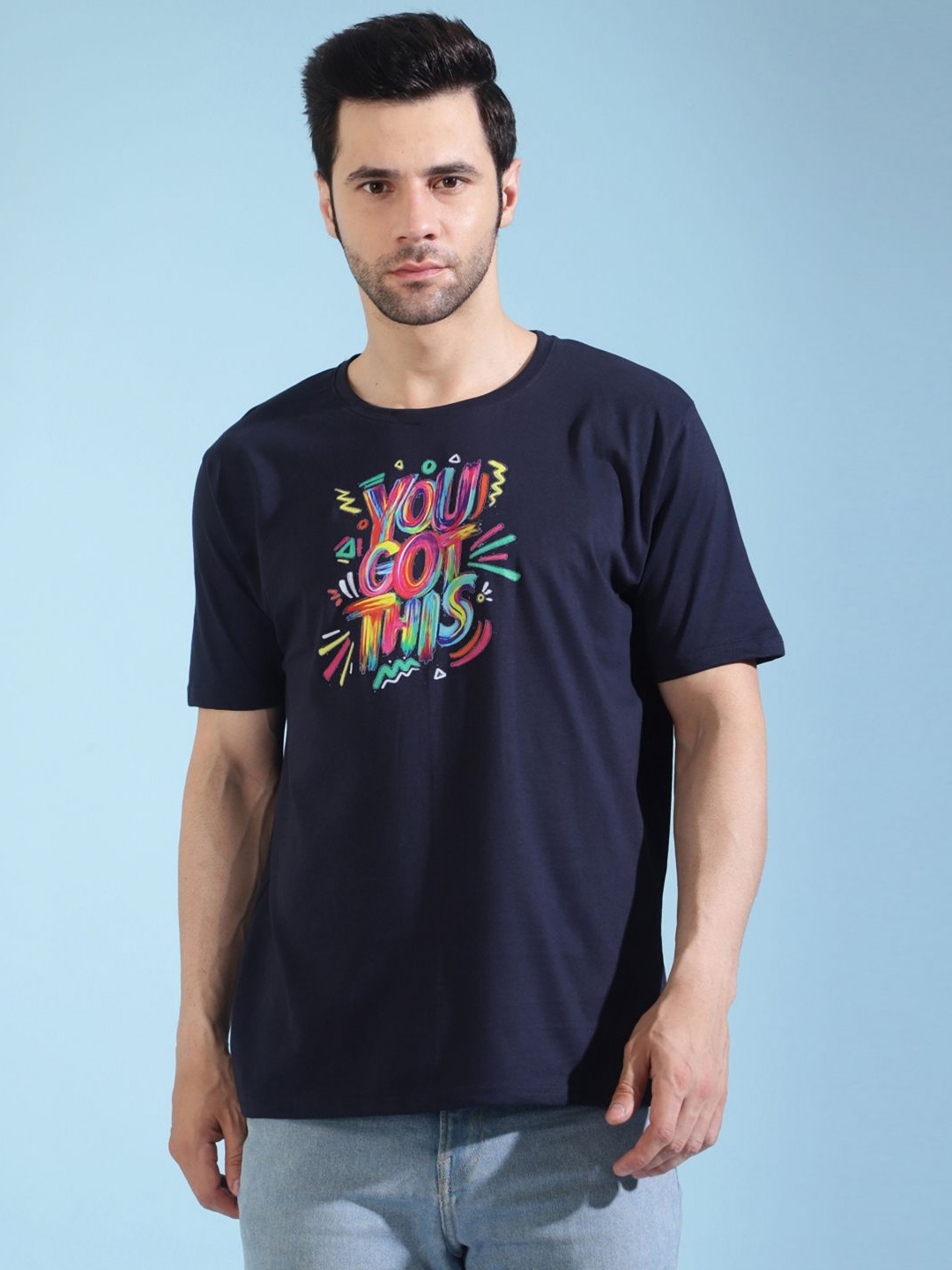 

MANTICORE Men Typography Printed Round Neck Cotton T-shirt, Navy blue