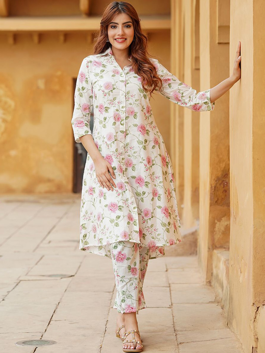 

KALINI Printed Pure Cotton Shirt Collar Tunic With Trousers, Peach