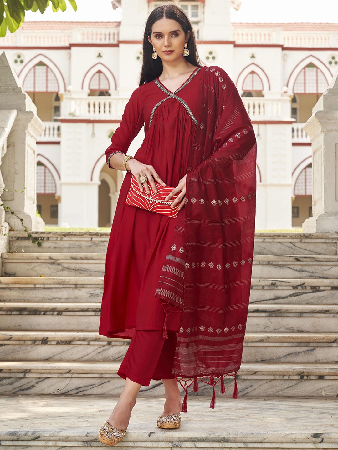 

Tikhi Imli Yoke Design Empire Beads And Stones A-Line Kurta With Trousers & Dupatta, Red