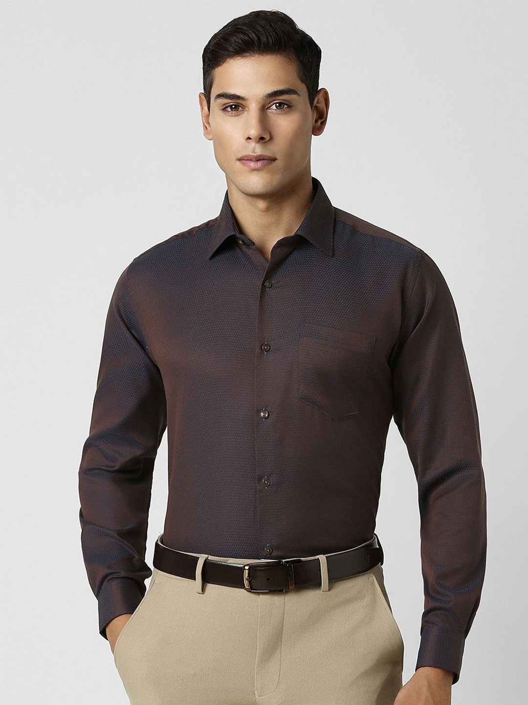 

Van Heusen Men Spread Collar Textured Printed Cotton Party Shirt, Brown