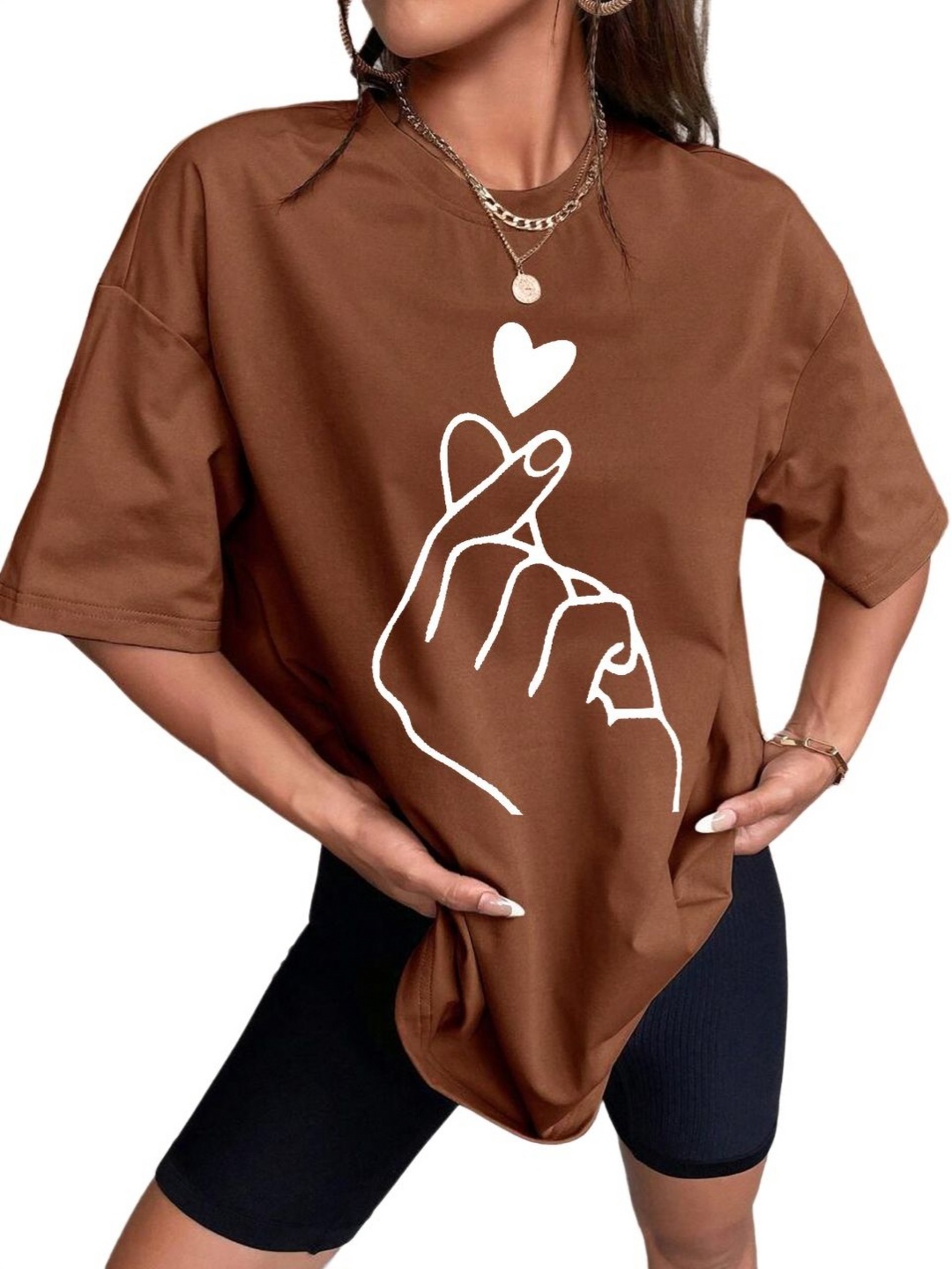 

TABADTOD Women Graphic Printed Oversized T-shirt, Brown