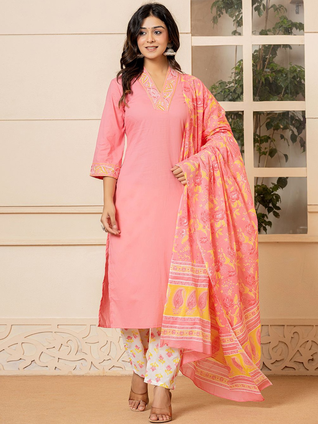 

Yufta V-Neck Pure Cotton Straight Kurta With Trousers & Dupatta, Pink