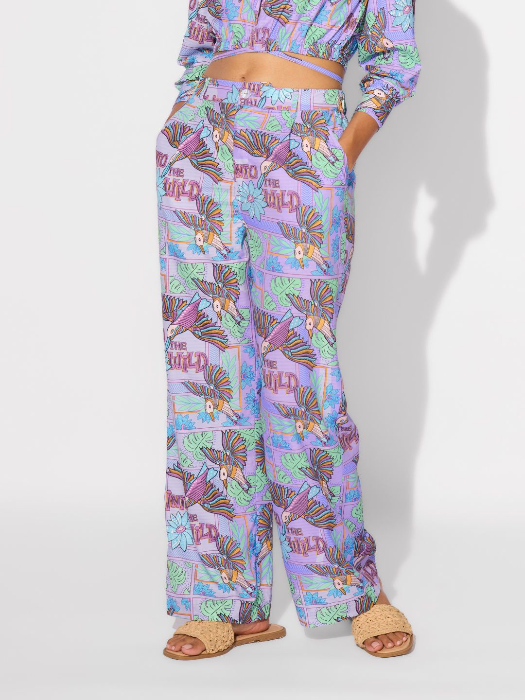 

The Souled Store Women Mid-Rise Printed Trousers, Lavender