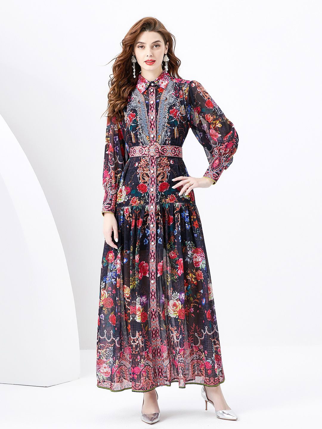 

JC Collection Floral Printed Cuffed Sleeves Shirt Maxi Dress, Black