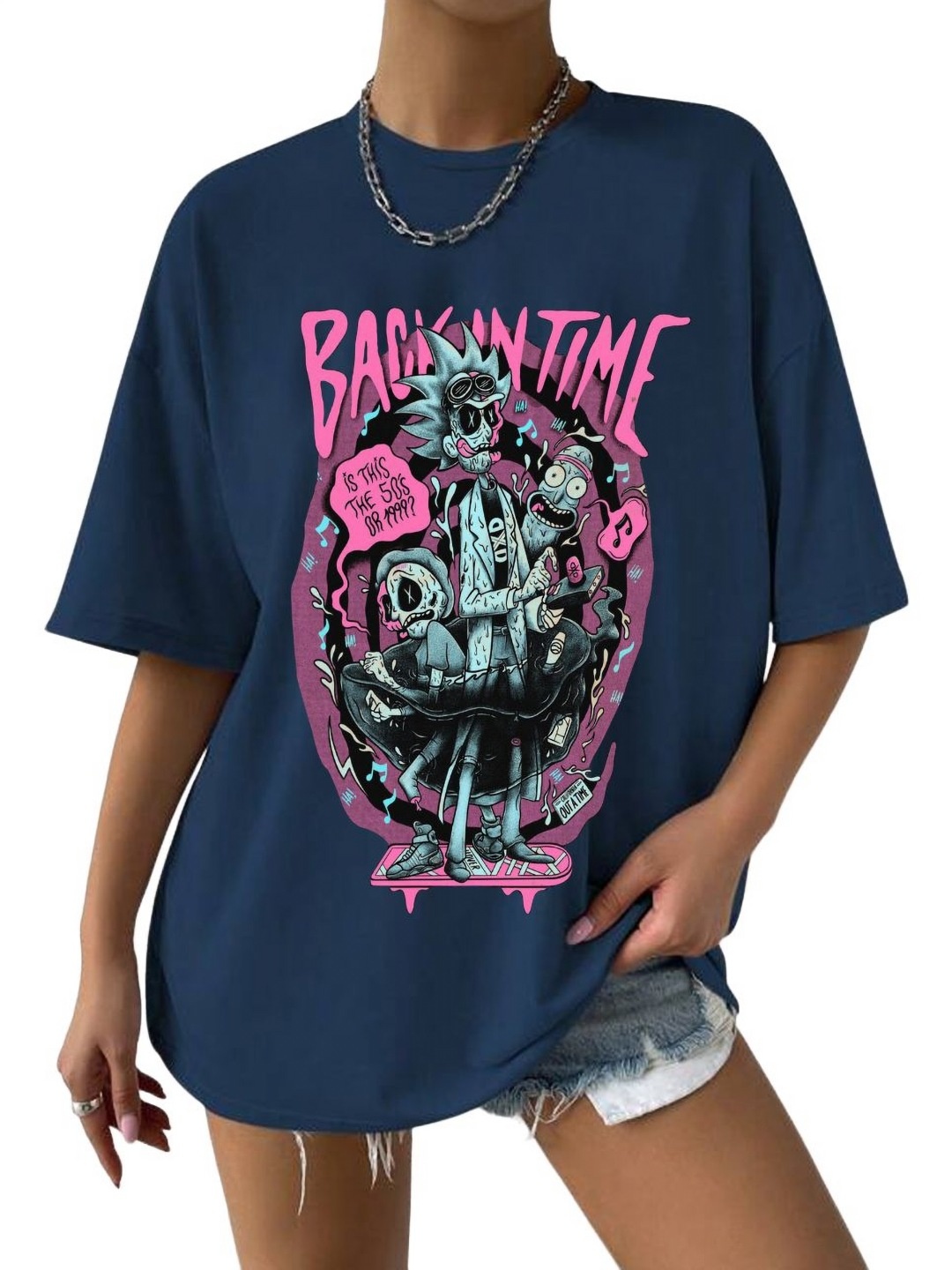 

TABADTOD Women Graphic Printed Oversized T-shirt, Navy blue