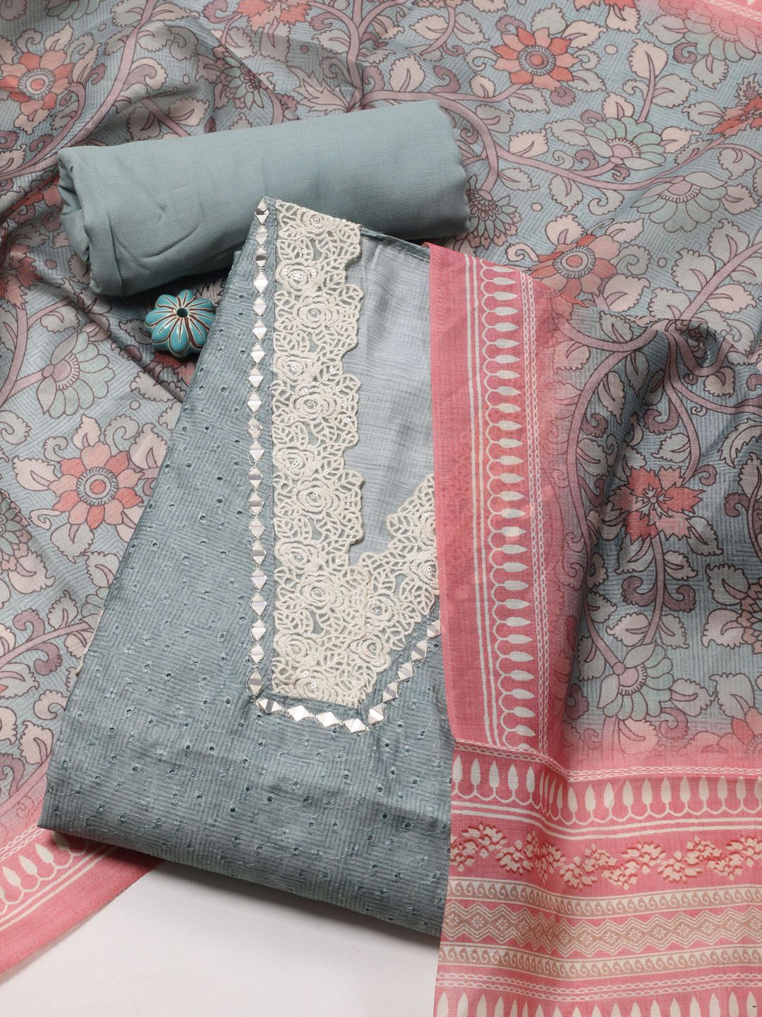 

Meena Bazaar Printed Art Silk Unstitched Dress Material, Grey