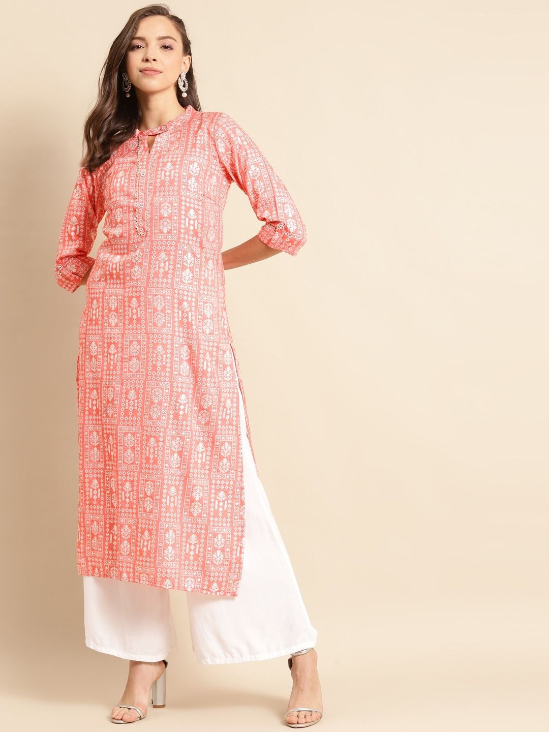 

Anouk Peach-Coloured Ethnic Motifs Printed Mandarin Collar Liva Straight Kurta