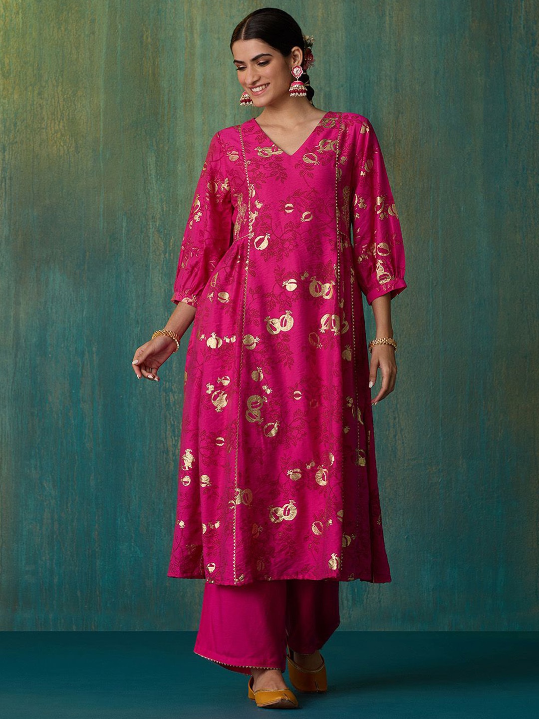 

Likha Floral Printed Gotta Patti Pleated Anarkali Kurta with Palazzos & With Dupatta, Fuchsia