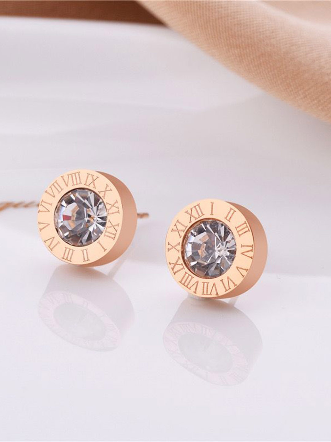 

MYKI Rose Gold-Plated Stainless Steel Cubic Zirconia Studded Circular Studs