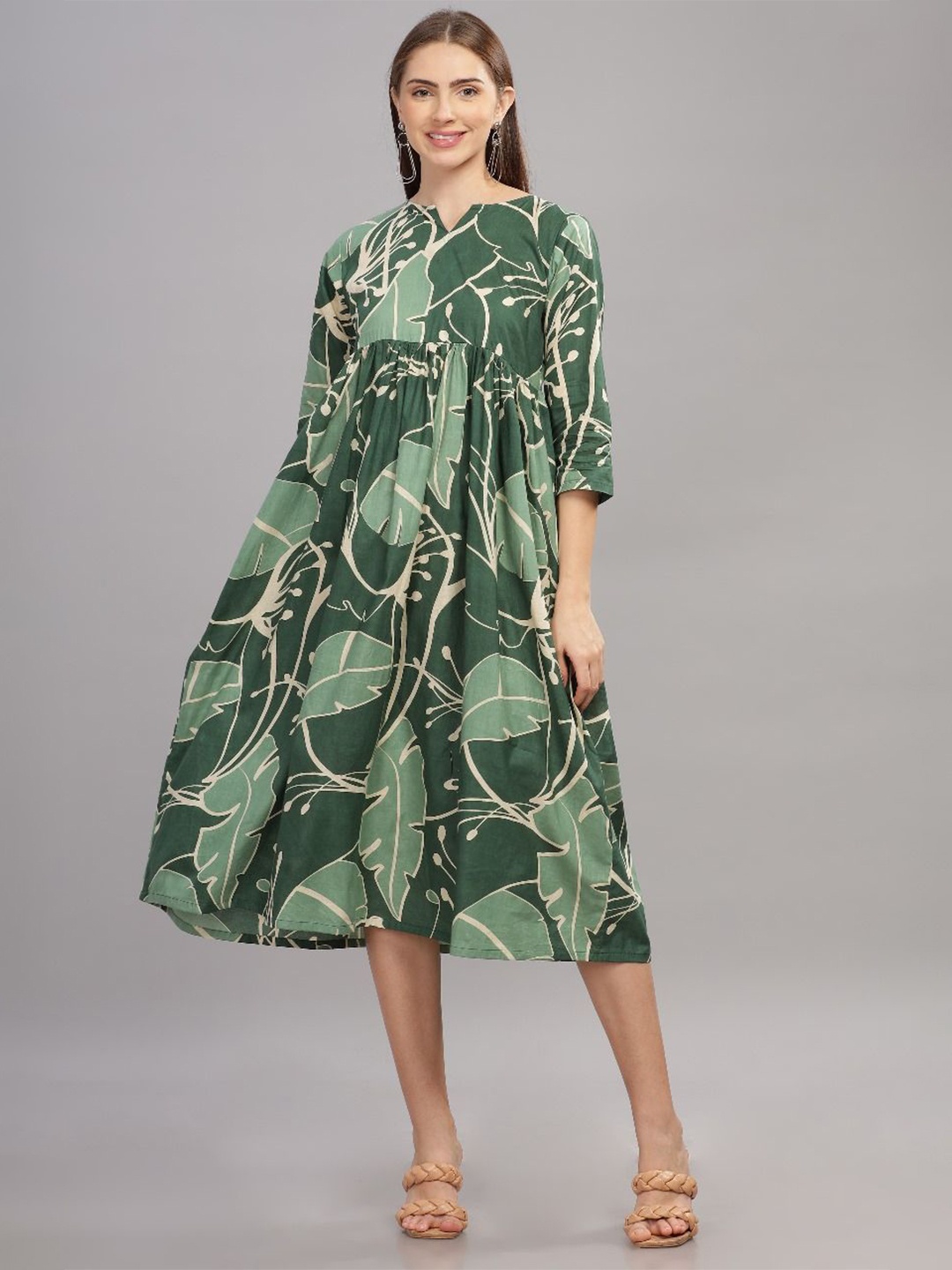 

THE VASILIKI Printed Cotton A-Line Midi Dress, Green