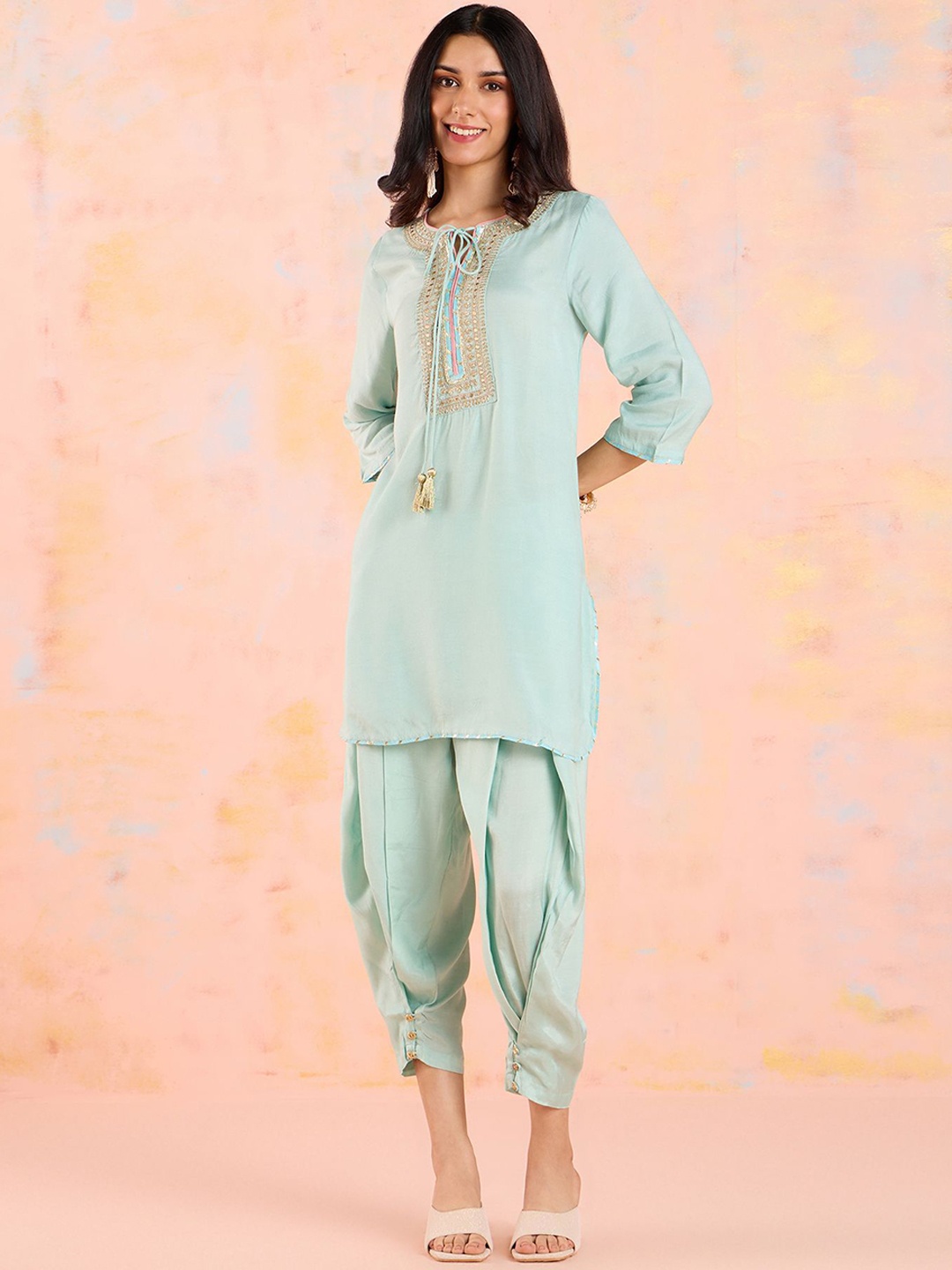 

Likha Floral Yoke Design Straight Mirror Work Kurta with Dhoti Pants, Sea green