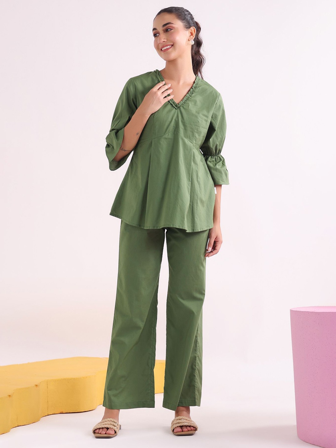 

JISORA Pure Cotton V-Neck Top With Trouser, Olive
