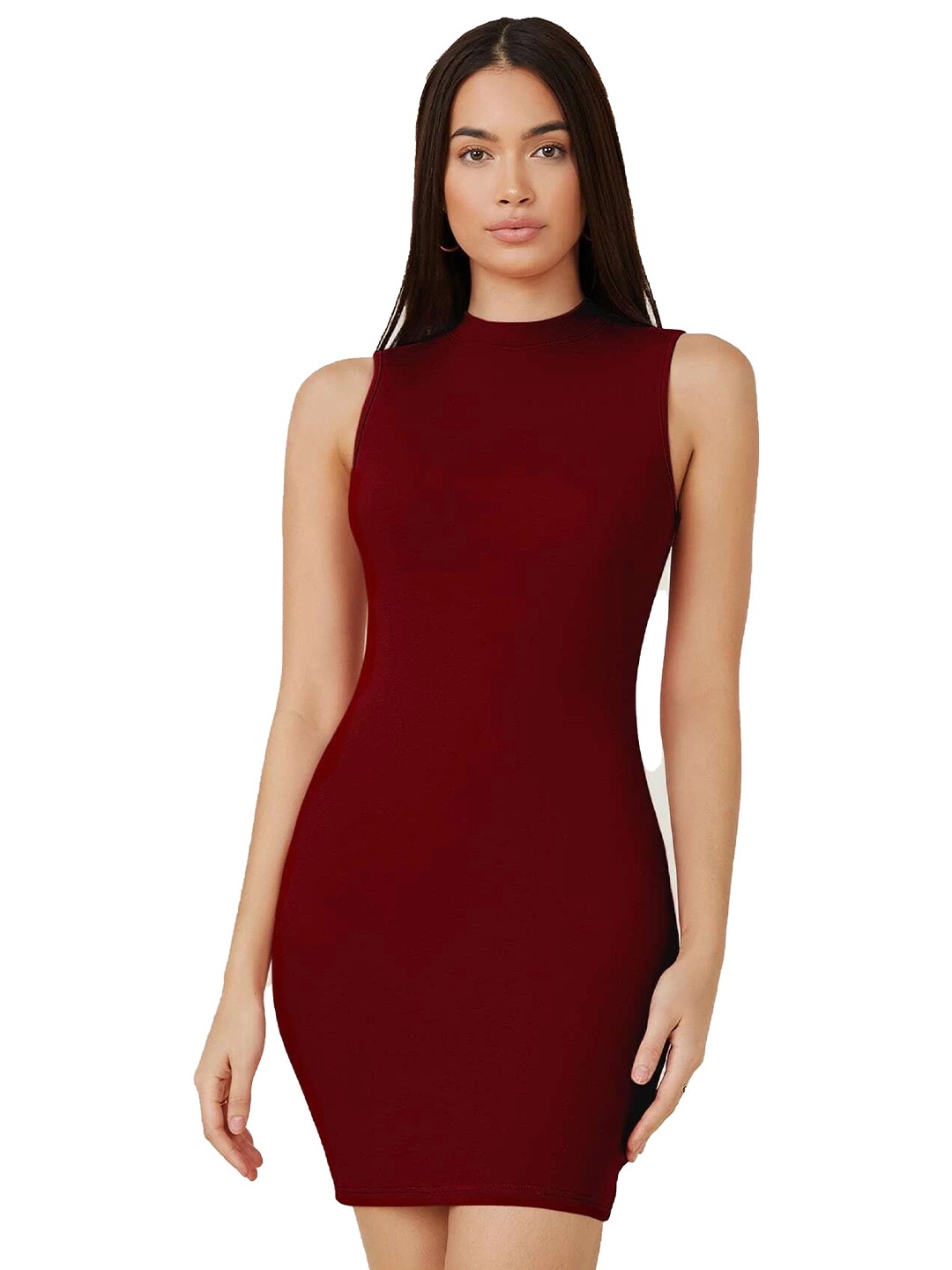 

Nalax Designs Women Mock Neck Sleeveless Bodycon Mini Dress, Maroon