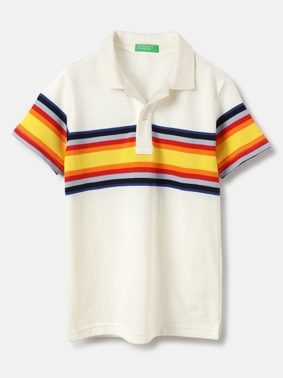 

United Colors of Benetton Boys Striped Mandarin Collar Pure Cotton Pockets T-shirt, Off white