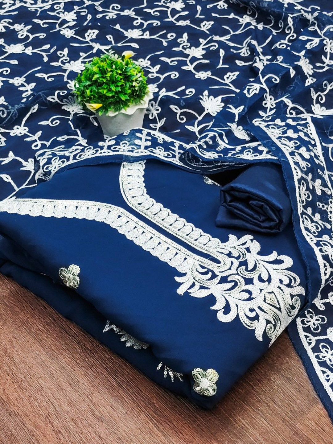 

Panzora Floral Embroidered Sequinned Unstitched Dress Material, Blue