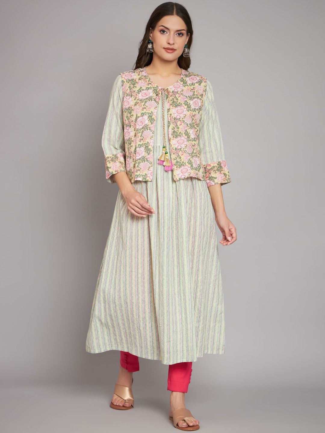 

Anouk Green Striped A-Line Kurta With Jacket