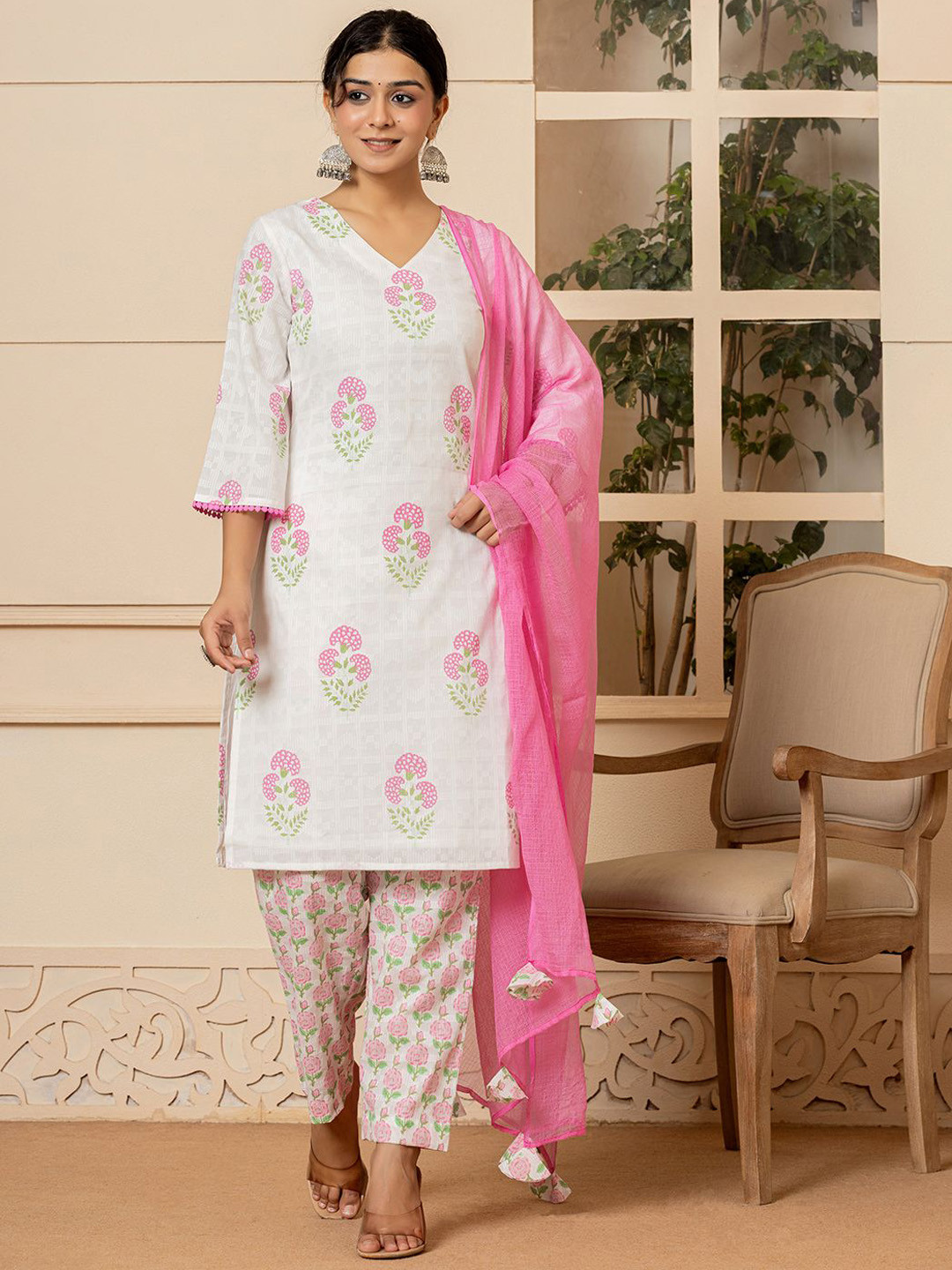 

Yufta Floral Printed Bell Sleeves Pure Cotton Straight Kurta With Trousers & Dupatta, White
