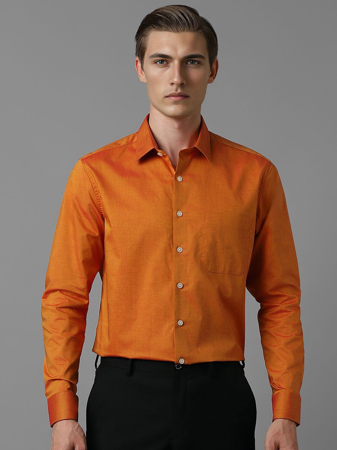 

Louis Philippe Men Spread Collar Solid Cotton Slim Fit Formal Shirt, Orange