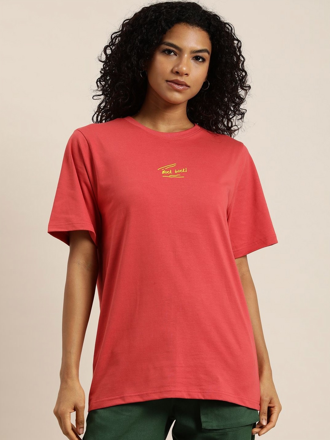 

DILLINGER Women Graphic Printed Round Neck Cotton Oversized T-shirt, Red