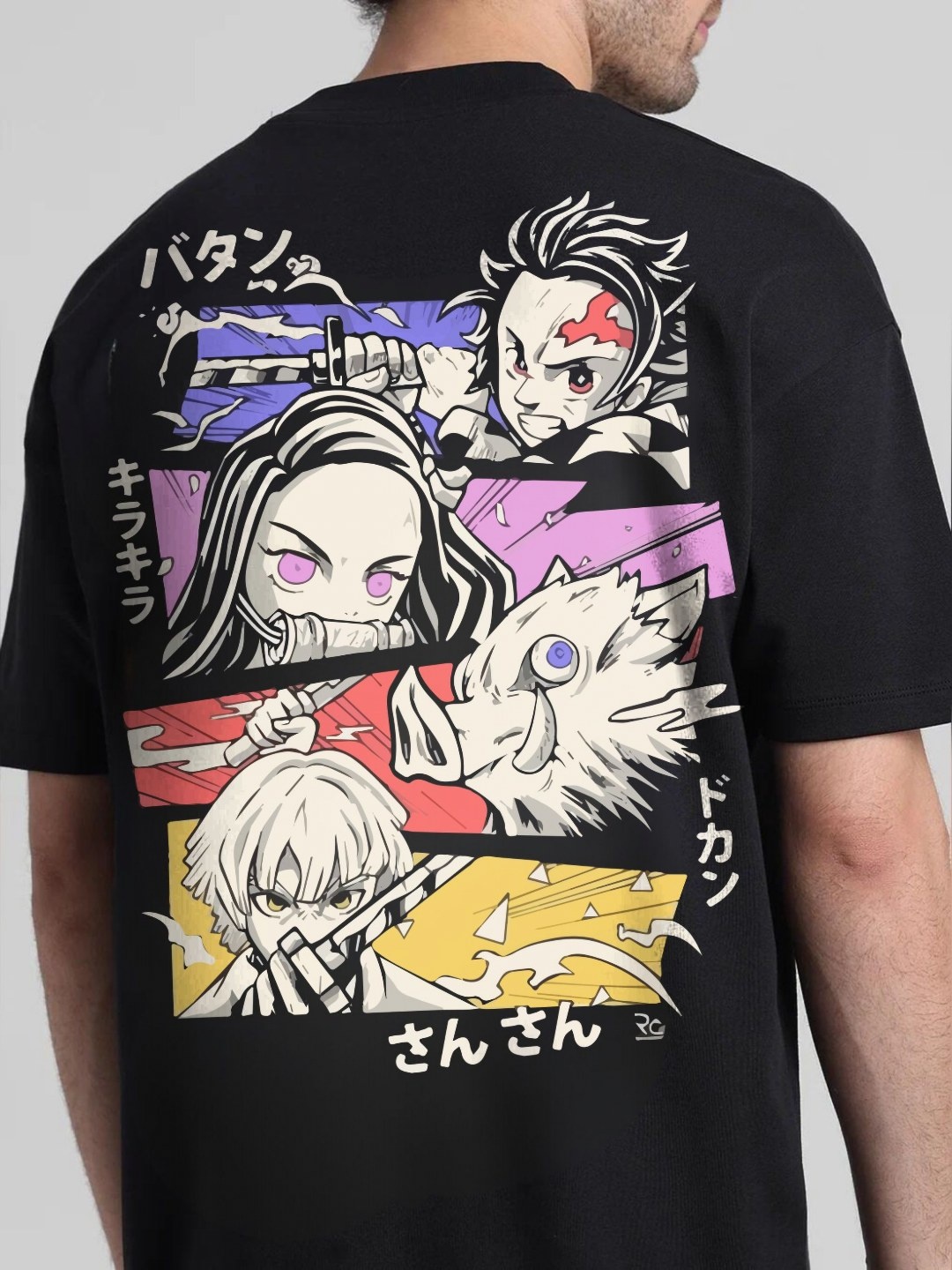 

RARESCAPE Anime Graphic Printed Round Neck Cotton Oversized T-shirt, Black